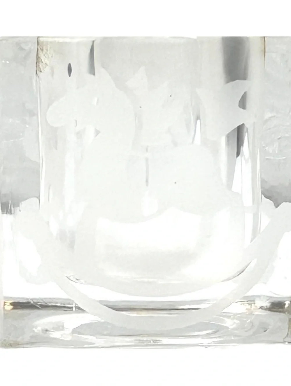 Clear Glass Candle Holder with Teddy Bear and Other Etchings, Square Design